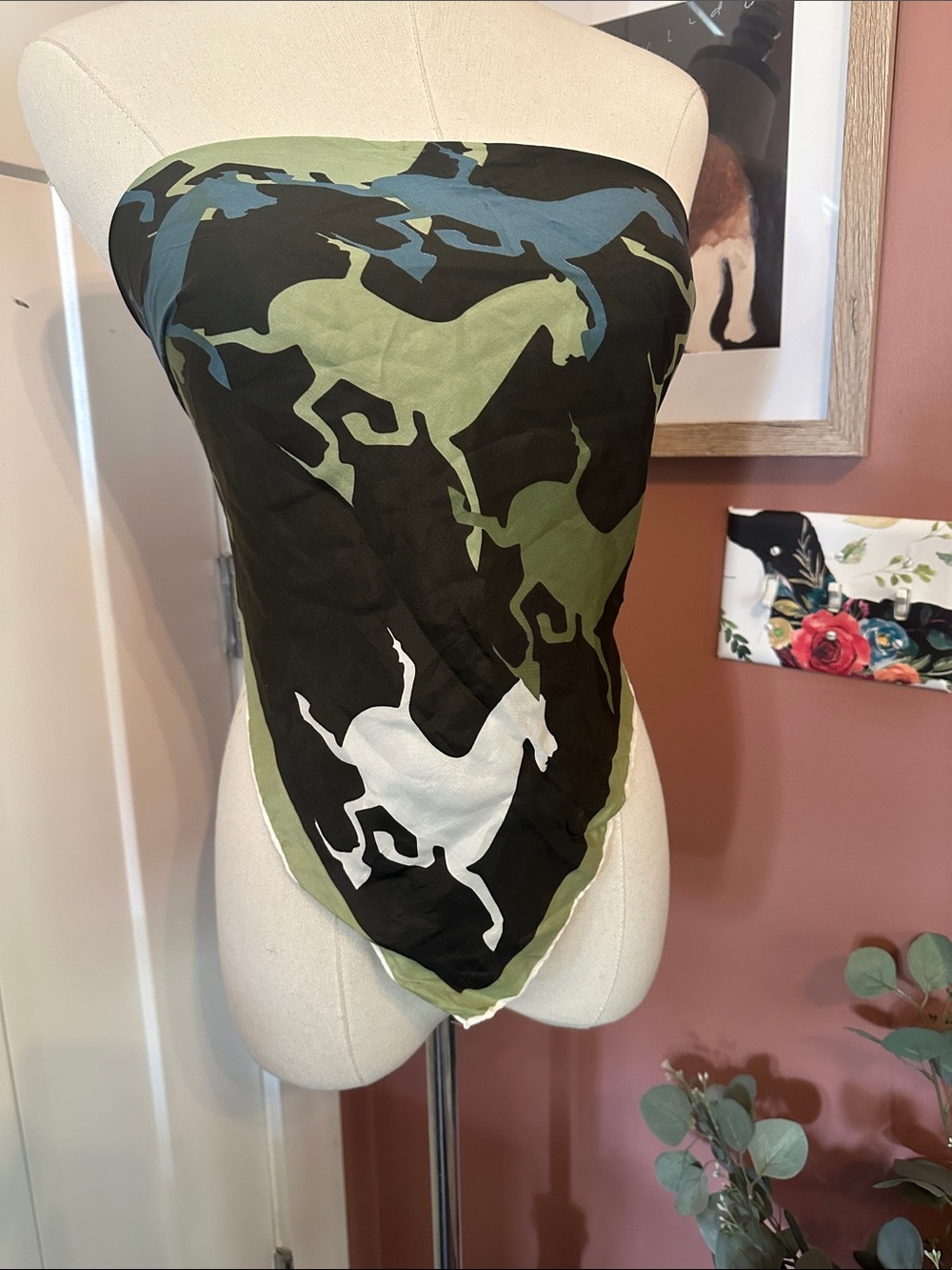 Vintage Vera Neumann bounding Horse Print Greens Black blue white square Scarf